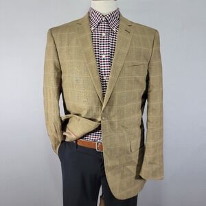 Bocaccio Men's Sport Coat Blazer Two Button Beige Tan Plaid Poly Blend 42L